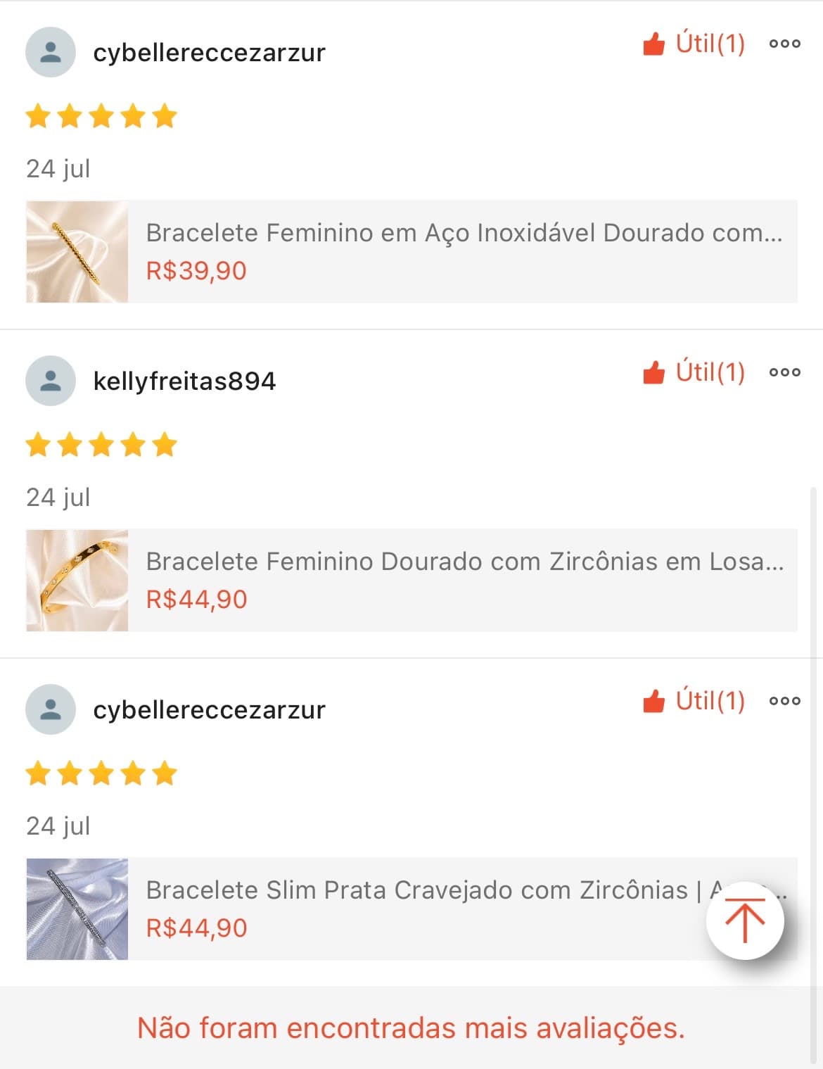 Lista de avaliações 5 estrelas de clientes na Shopee
